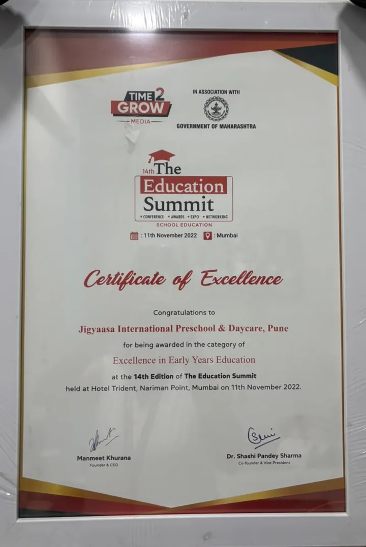 Certificate of Excellence awarded to Jigyaasa International Preschool & Daycare, Pune, in the category Excellence in Early Years Education, 11 November 2022